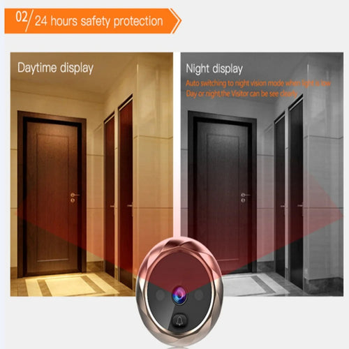 Video doorbell peephole camera with circular lens and 2.8-inch LCD screen, gold finish