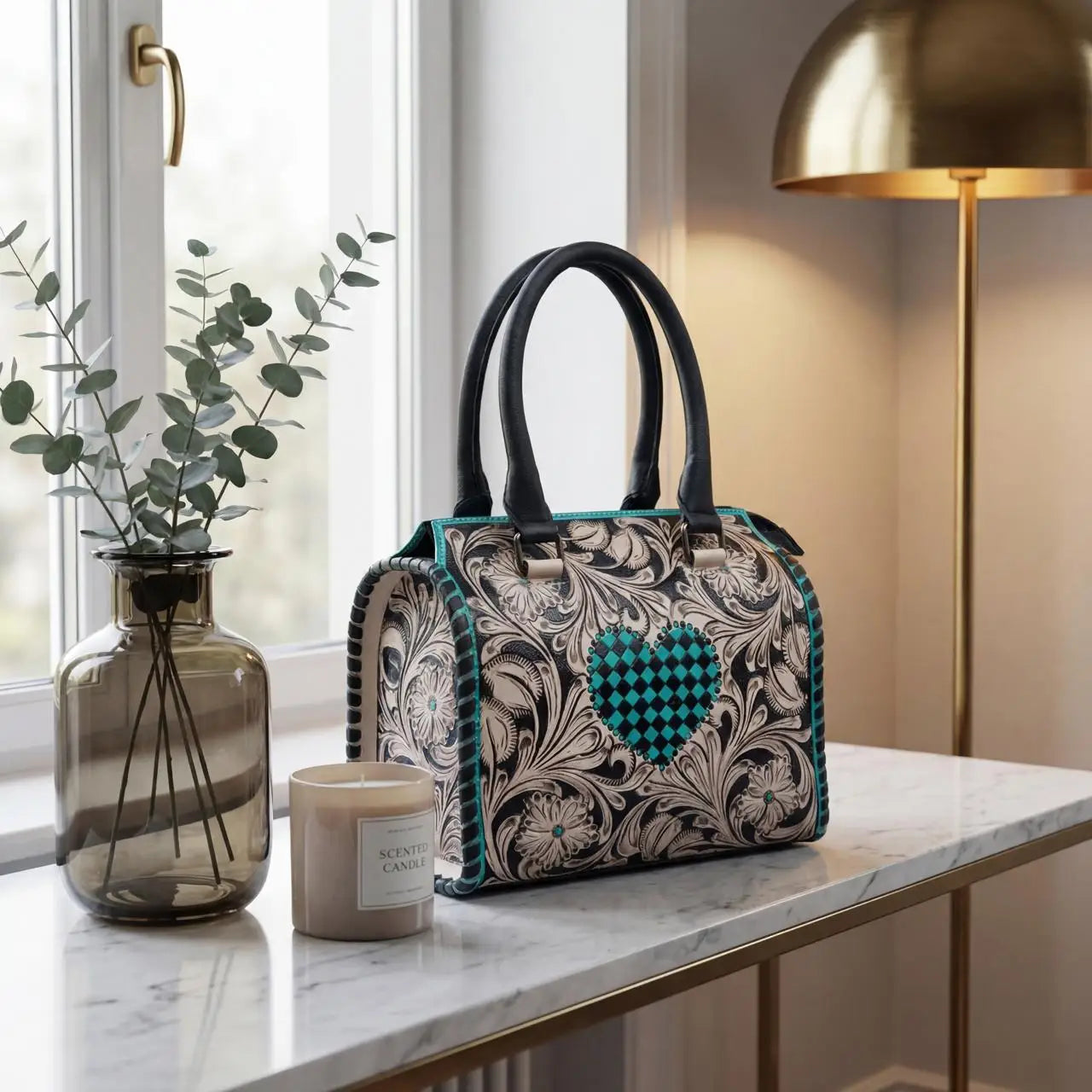 Luxury genuine leather mini trunk duffel with floral pattern, teal checkered heart design, and double black handles.