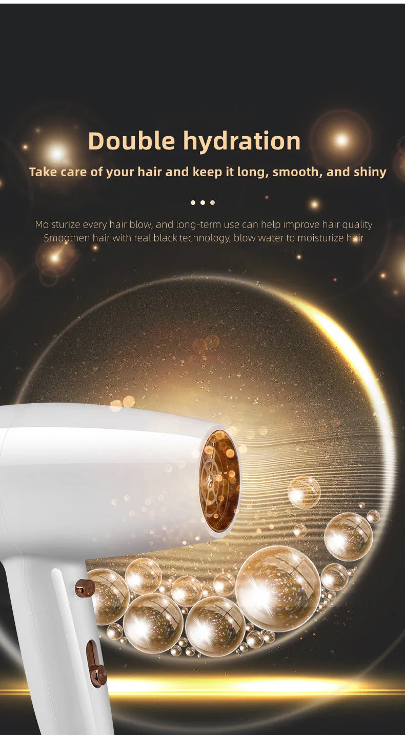 White 1300W ionic hair dryer with gold accents for fast, hydrating hair drying in home or hotel bathrooms.