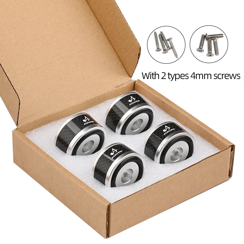 Silver speaker isolation pads with included screws, packed in an open box