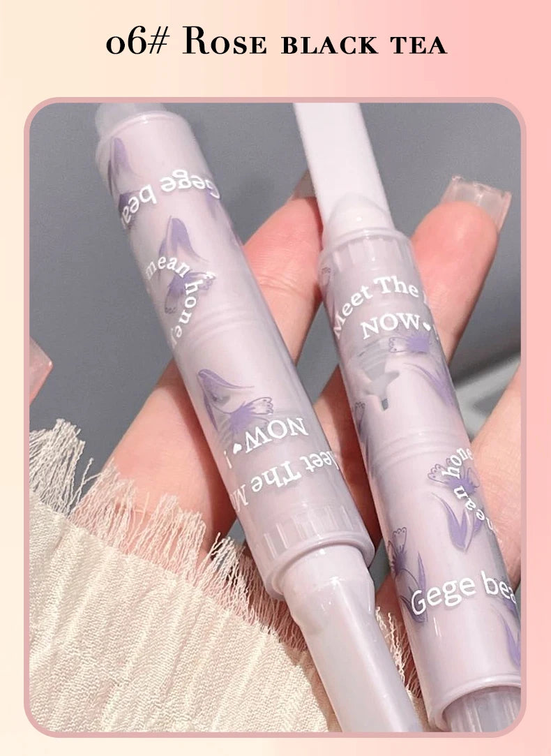Gege Bear Floral Whisper glossy lipstick in 06 Rose Black Tea, a moisturizing jelly-finish click-pen lip makeup.