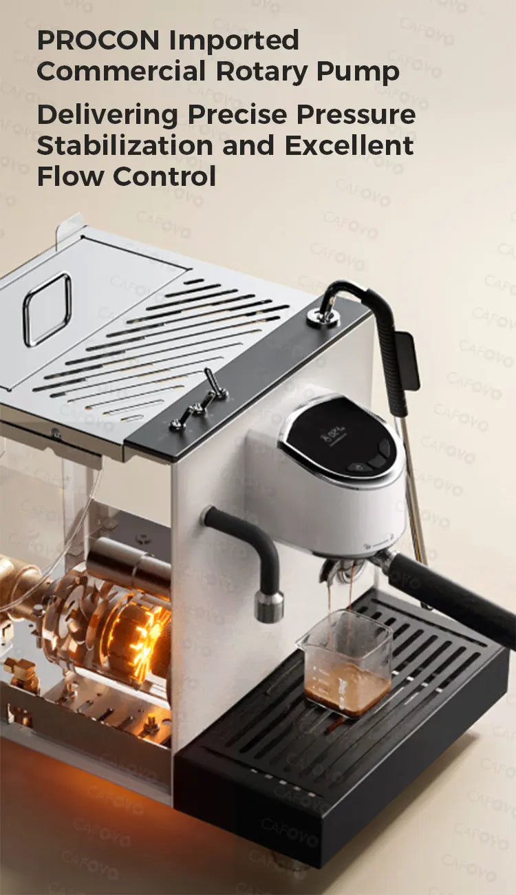 Cafovo white stainless steel commercial espresso machine with Procon rotary pump and digital pressure control.