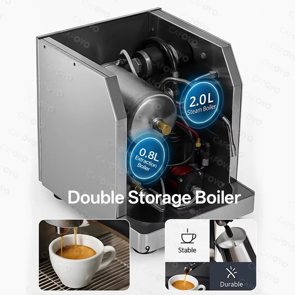 Cafovo stainless steel espresso machine with 2.0L steam boiler and 0.8L extraction boiler for professional brewing.