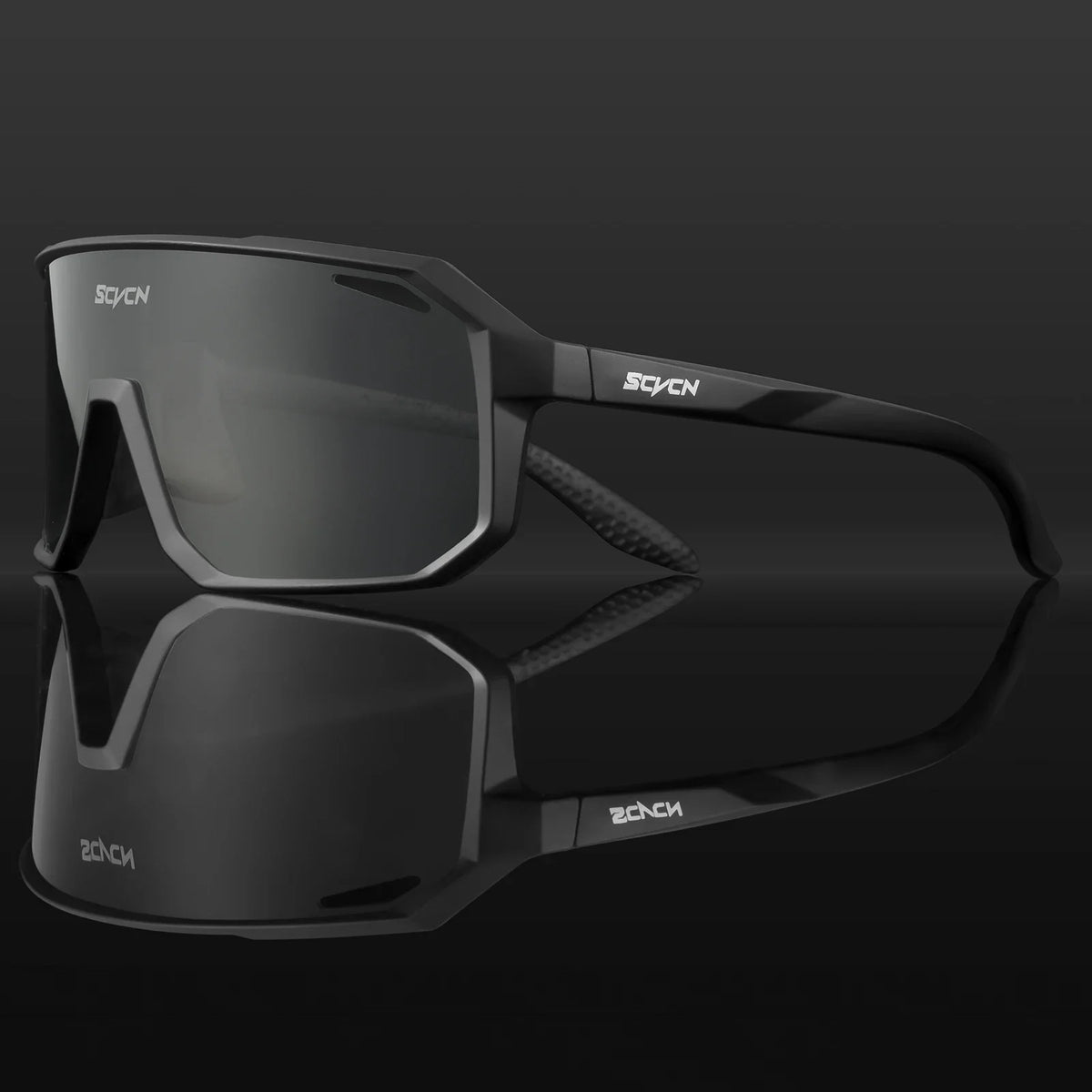 Cycling sunglasses with black frame and dark gray mirrored lenses