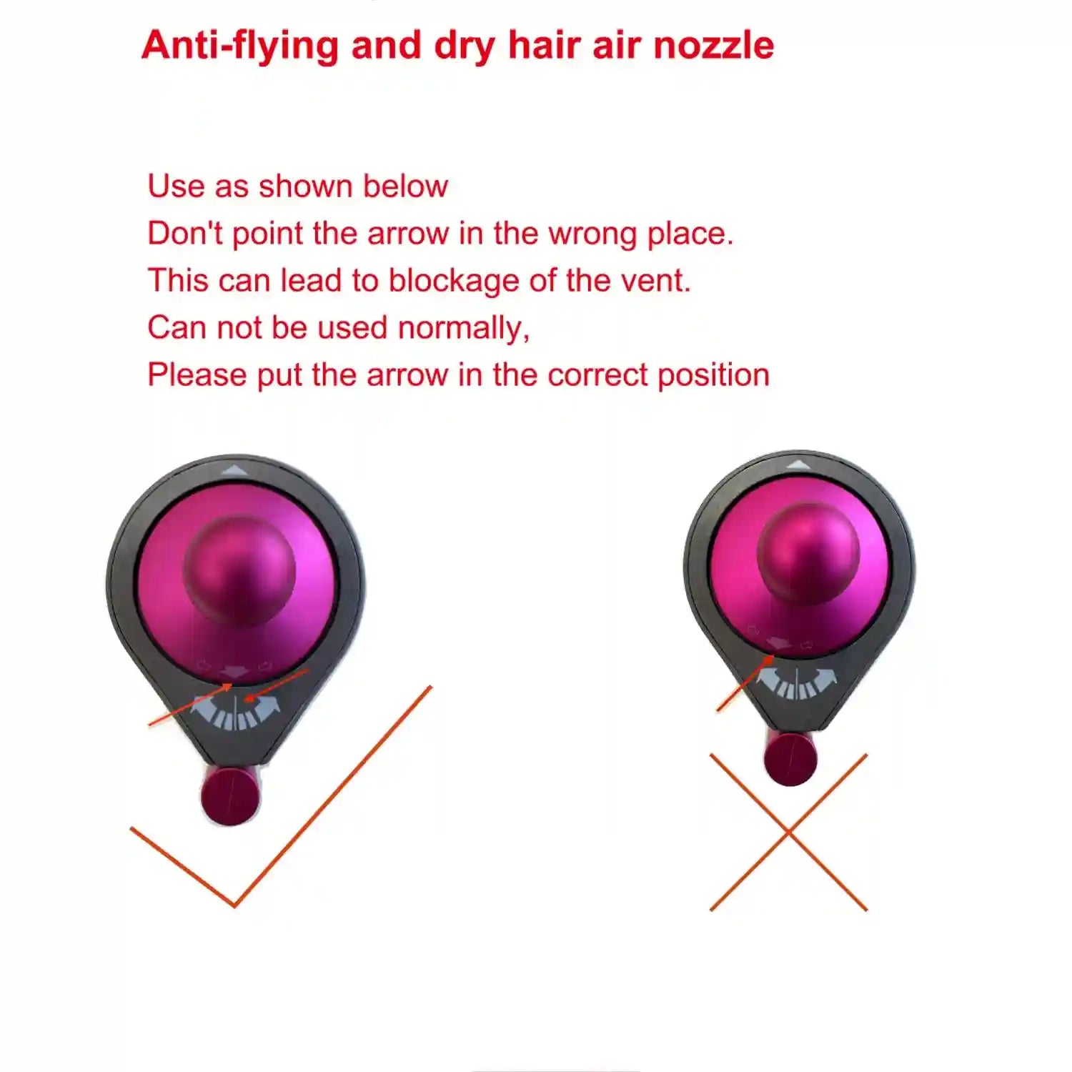 6-in-1 hair styler anti-flying air nozzle attachment guide, showing correct airflow alignment for pink dryer tool.