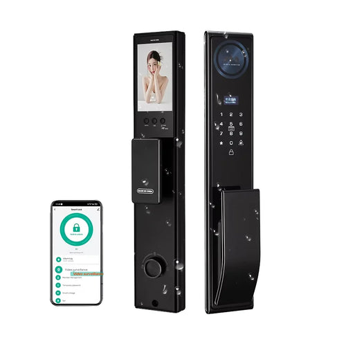 Black biometric smart door lock camera with keypad, fingerprint sensor, and app view
