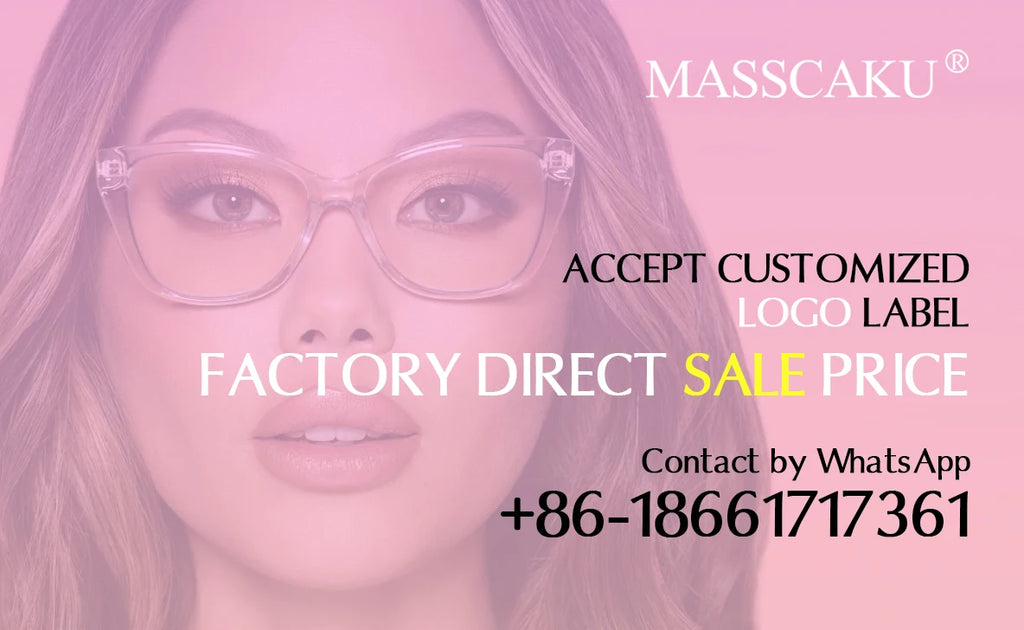A woman wearing clear glasses over a pink background with text promoting MASSCAKU factory-direct wholesale lash kits.