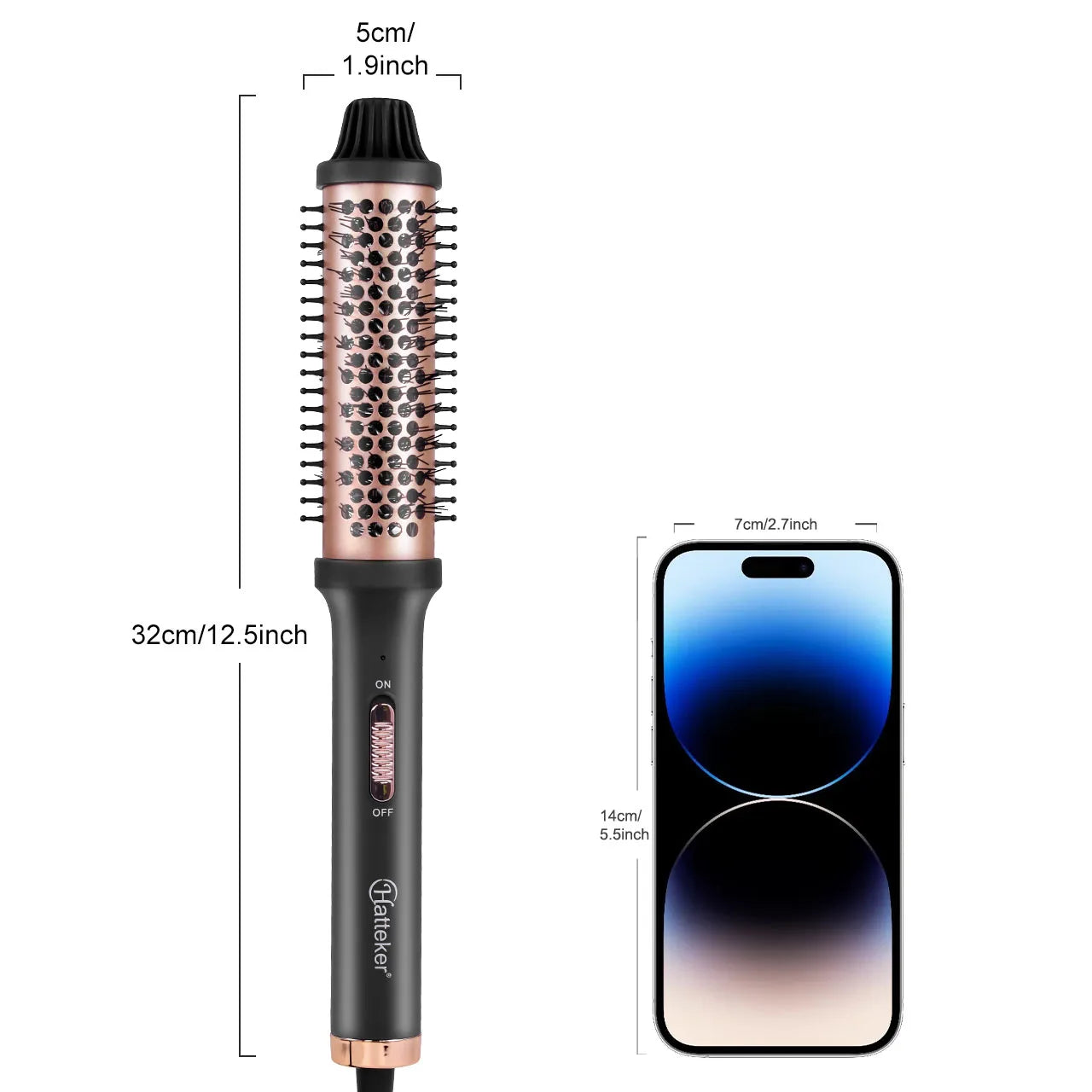 Hatteker rose gold electric curling brush with heat-resistant bristles and size dimensions for home hair styling.