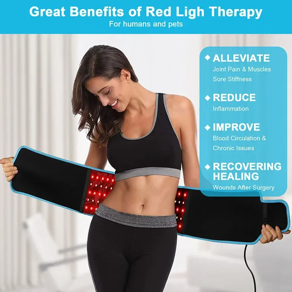 Woman using a red and infrared LED light therapy belt for back pain relief, weight loss, and muscle recovery.