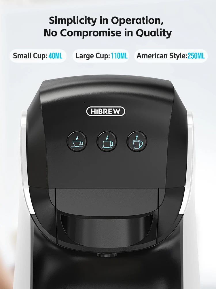 HiBREW black coffee maker control panel with settings for 40ml, 110ml, and 250ml cup sizes.