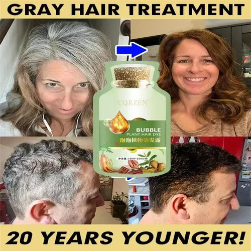 Hair color shampoo for gray coverage in plastic-free bar packaging, side angle view of before and after hair transformation.