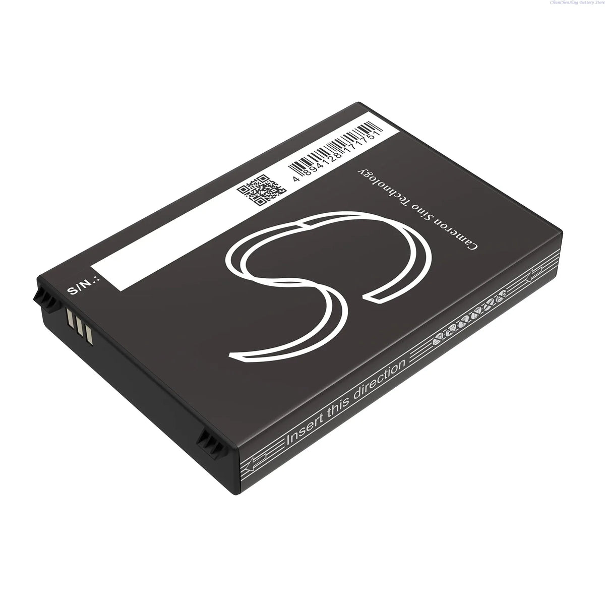 Dark lithium battery pack angled view with barcode sticker and insert direction icons