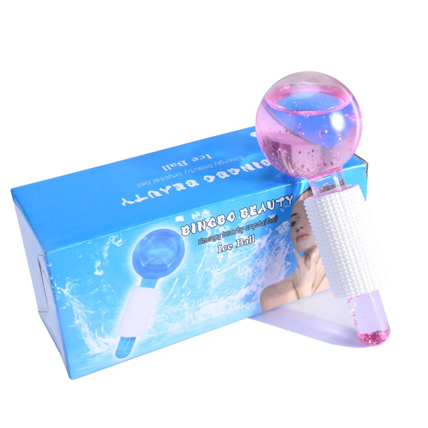 A Bingbo Beauty glitter-filled pink glass massage ice globe with a white textured grip rests on its blue product box.
