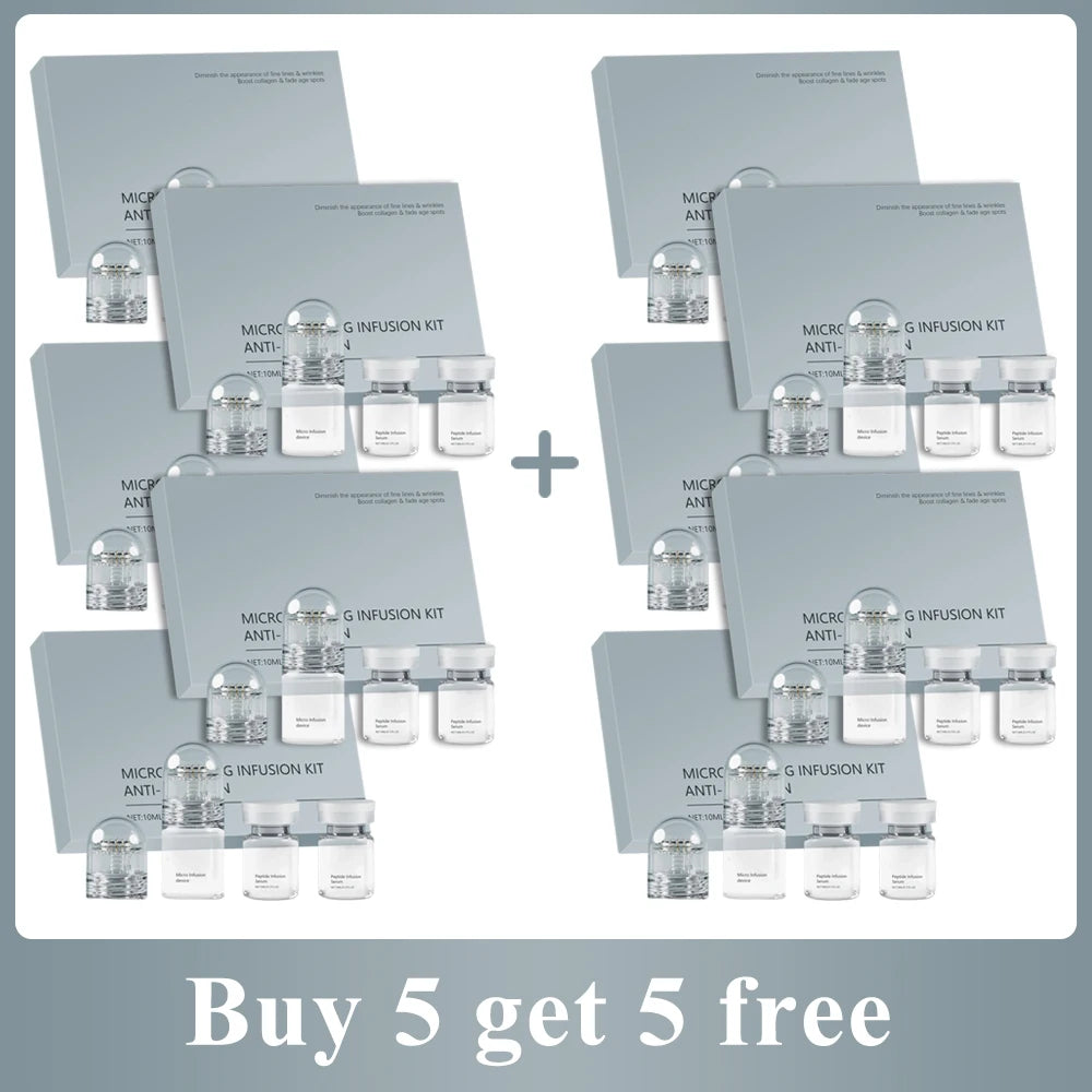 Set of 10 hyaluronic acid anti-wrinkle kits, each featuring a grey box, serum vials, and a micro-infusion device.