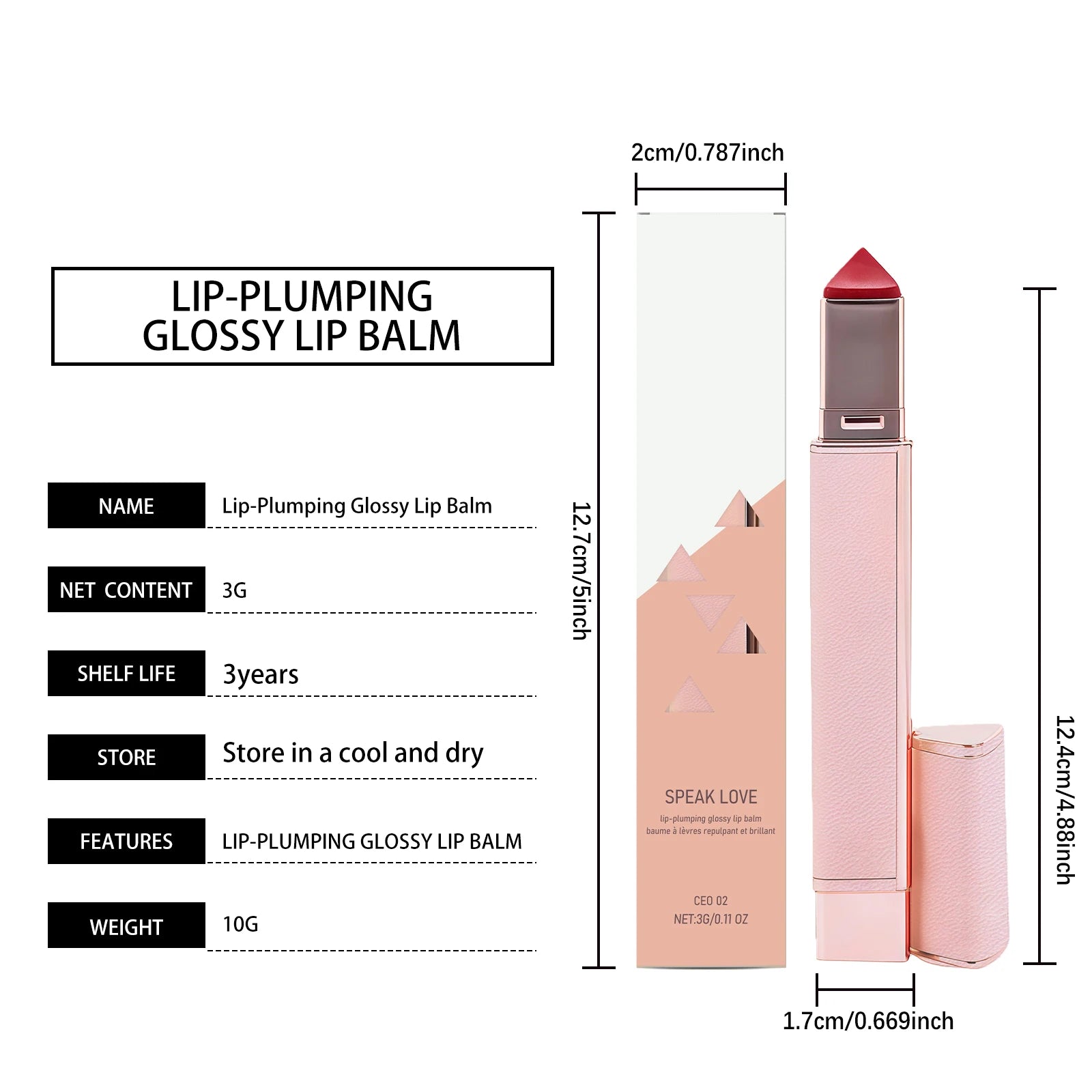 Hydrating glossy lip balm stick with a red pointed tip and elegant pink leather-look tube for plumping, smooth finish.