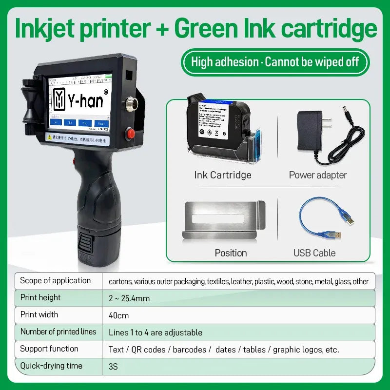 Portable handheld inkjet printer with green ink cartridge, power adapter and USB cable