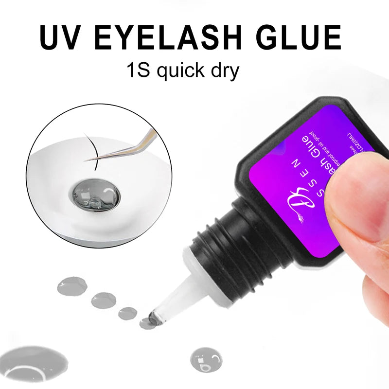 Dassen 5ml UV eyelash glue bottle with purple label, showing clear, thin adhesive droplets for fast-drying extension.