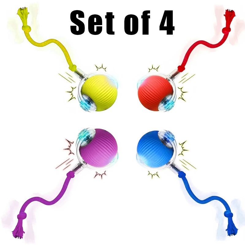 Set of 4 colorful, rechargeable interactive cat balls with tethered ropes for automatic rolling fun and pet exercise.