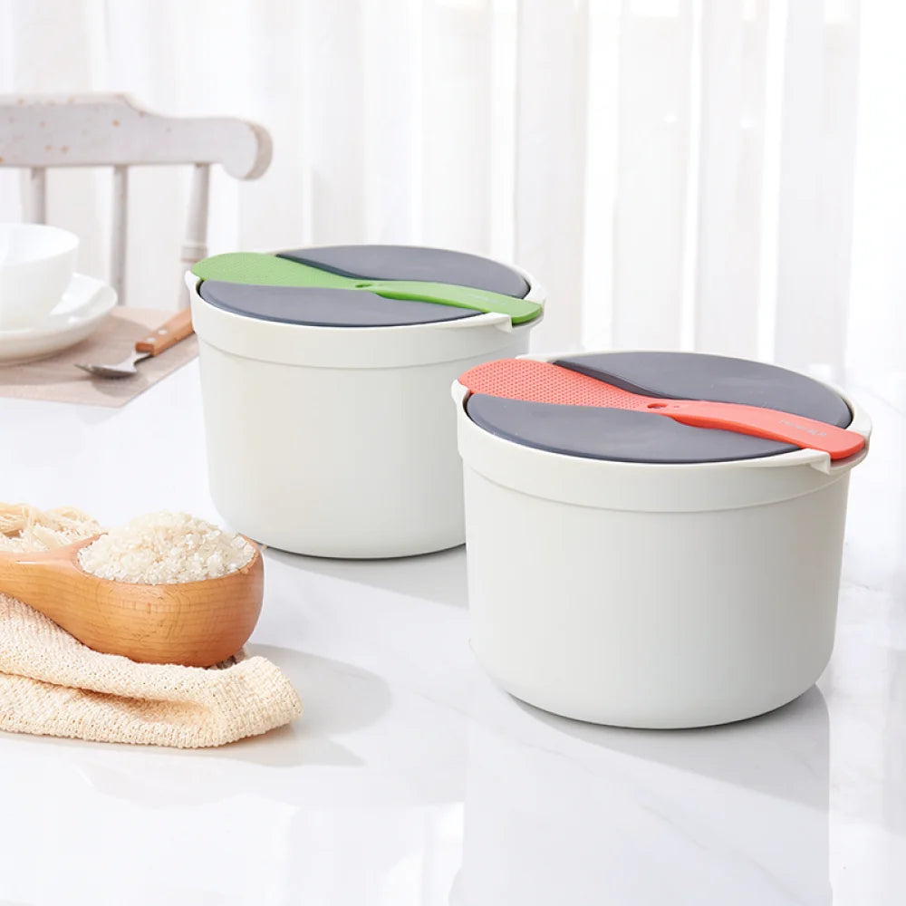 Microwave rice cooker steamer pot set, white containers with gray vented lids and orange/green accents