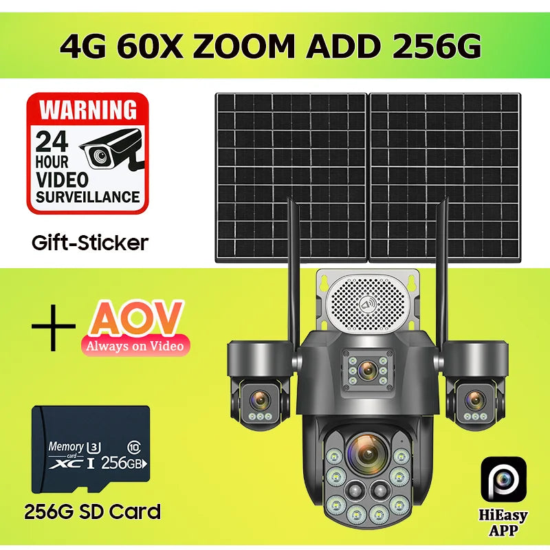 Solar 4-lens security camera bundle with solar panel and 256GB SD card
