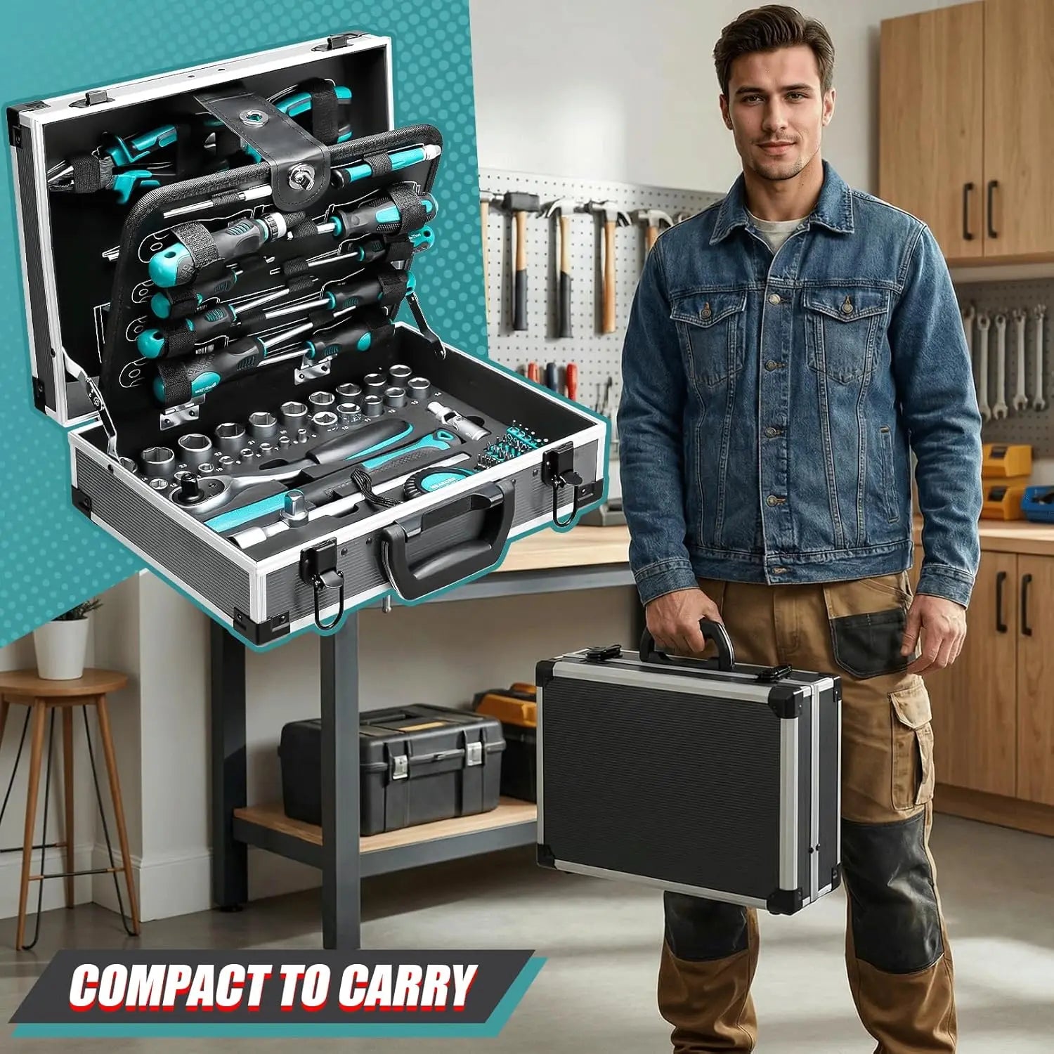 Aluminum Tool Case Filled with 122-piece Tool Set | Workshop Case Equipped w/ Wrenches, Hammer, Pliers, Screwdrivers, Toolbox