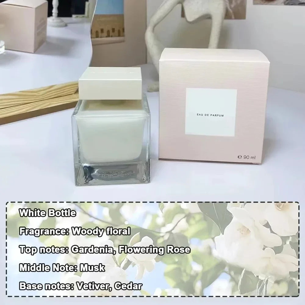 90ml eau de parfum in a square glass bottle with a white cap, next to a pale pink box. Woody floral scent.