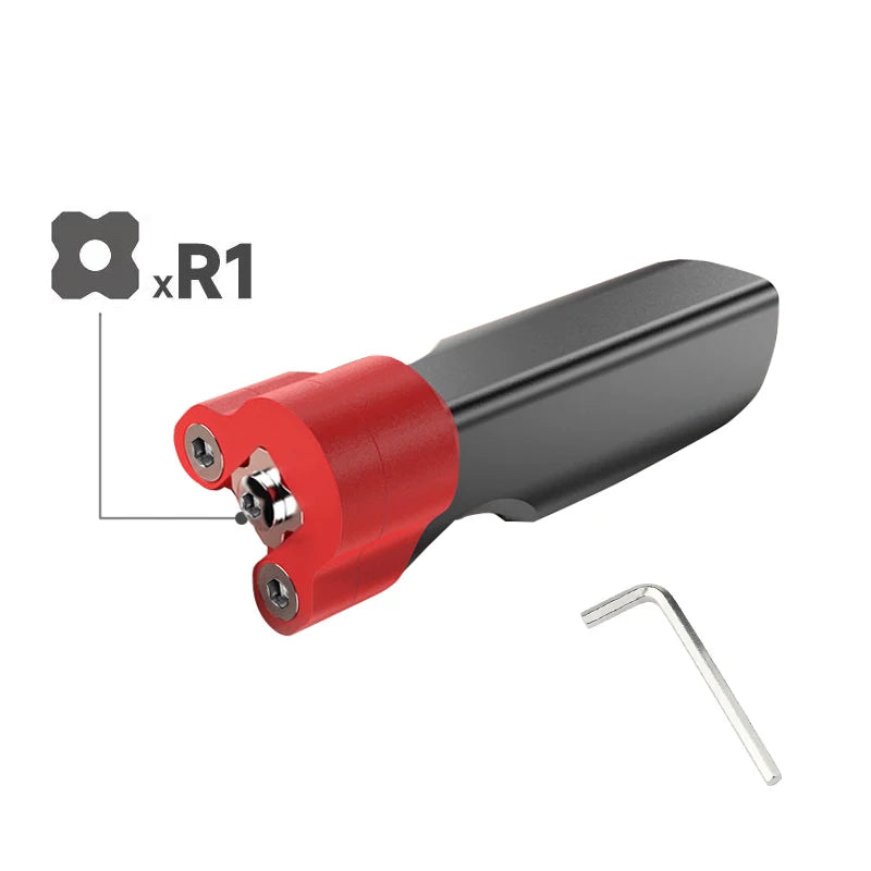 Corner planer blade set tool with red cutter, black body, hex key; labeled R1