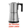 CDKM stainless steel electric moka pot coffee maker, silver finish with black handle, EU 220V-240V plug version.
