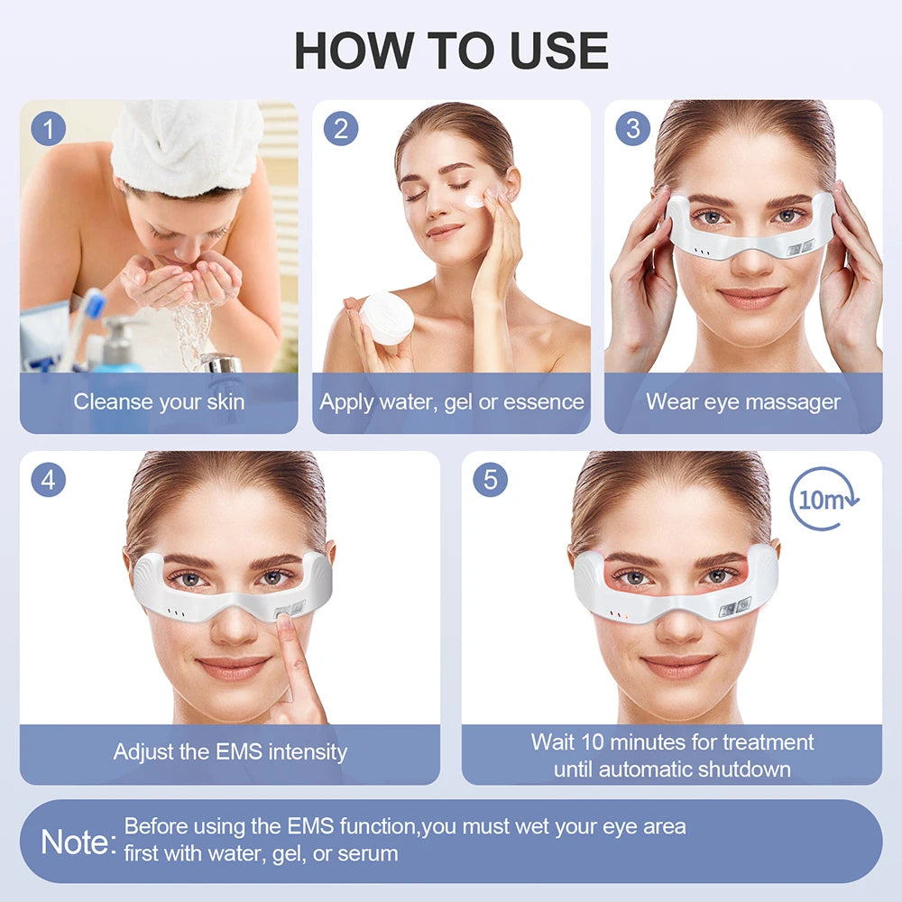 How to use white electric red light eye massager glasses for anti-wrinkle treatment and eye fatigue relief.