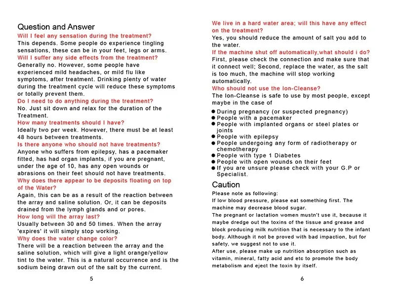 Ionic foot detox spa machine FAQ page featuring usage guidelines, safety precautions, and health tips for detox arrays.