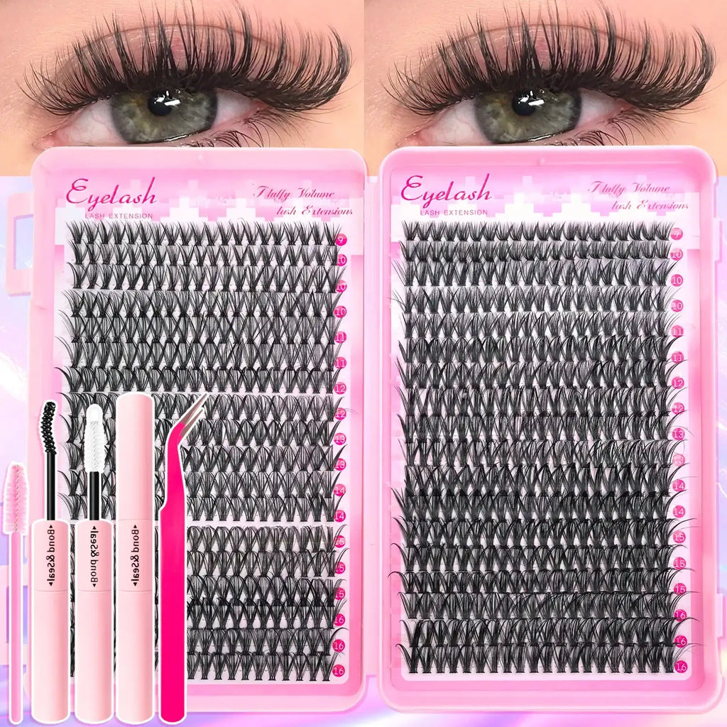 720/200pcs eyelash Extension Kit Fluffy Eyelash Extension kit with Lash Bond and Seal Lash Tweezers Thick Lash Clusters