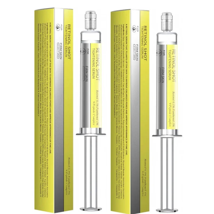 Retinol Shot tightening serum dropper bottle with tall green-yellow cartons
