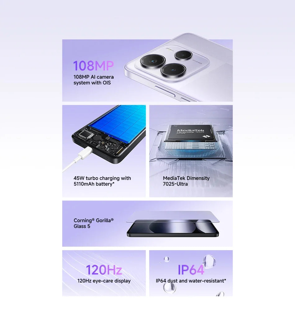 Global version Xiaomi Redmi Note 14 5G Smartphone Dimensity 7025-Ultra  108MP AI camera NFC 6.67" 120Hz AMOLED display IP54
