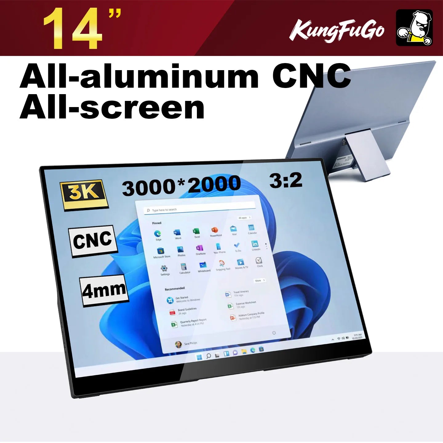 KUNGFUGO A14S Portable Monitor 14" 3K Fully Laminated CNC Aluminum Alloy  Single-Cable Expansion Screen