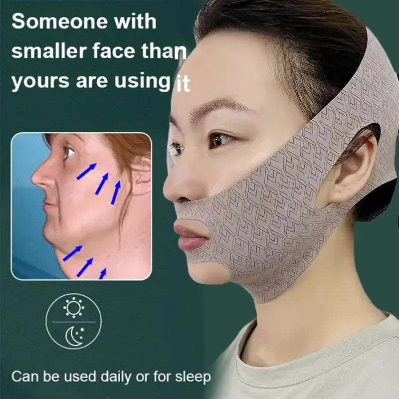 A beige V-line lifting face bandage with a geometric pattern, shown worn by a person.