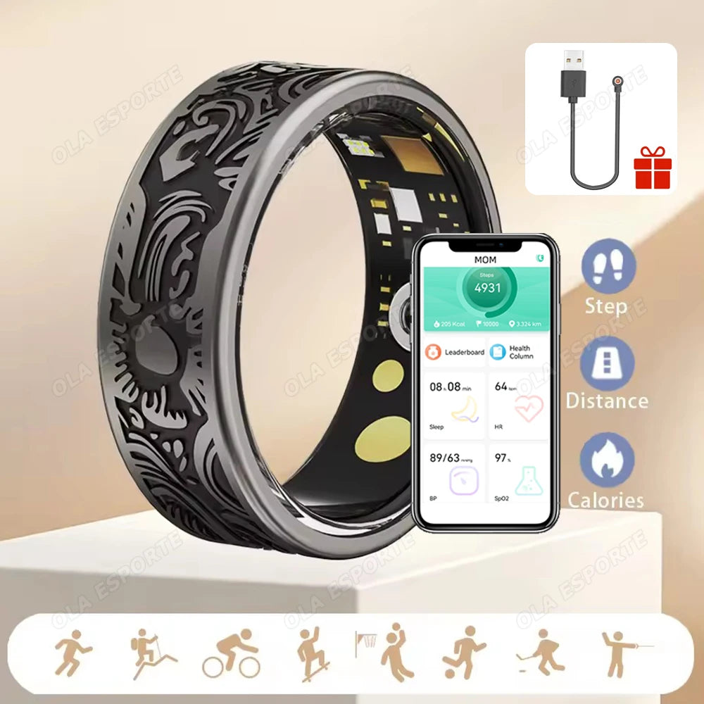 Smart Health Ring Fitness Tracker - Waterproof Biometric Monitor Black Tidesmit