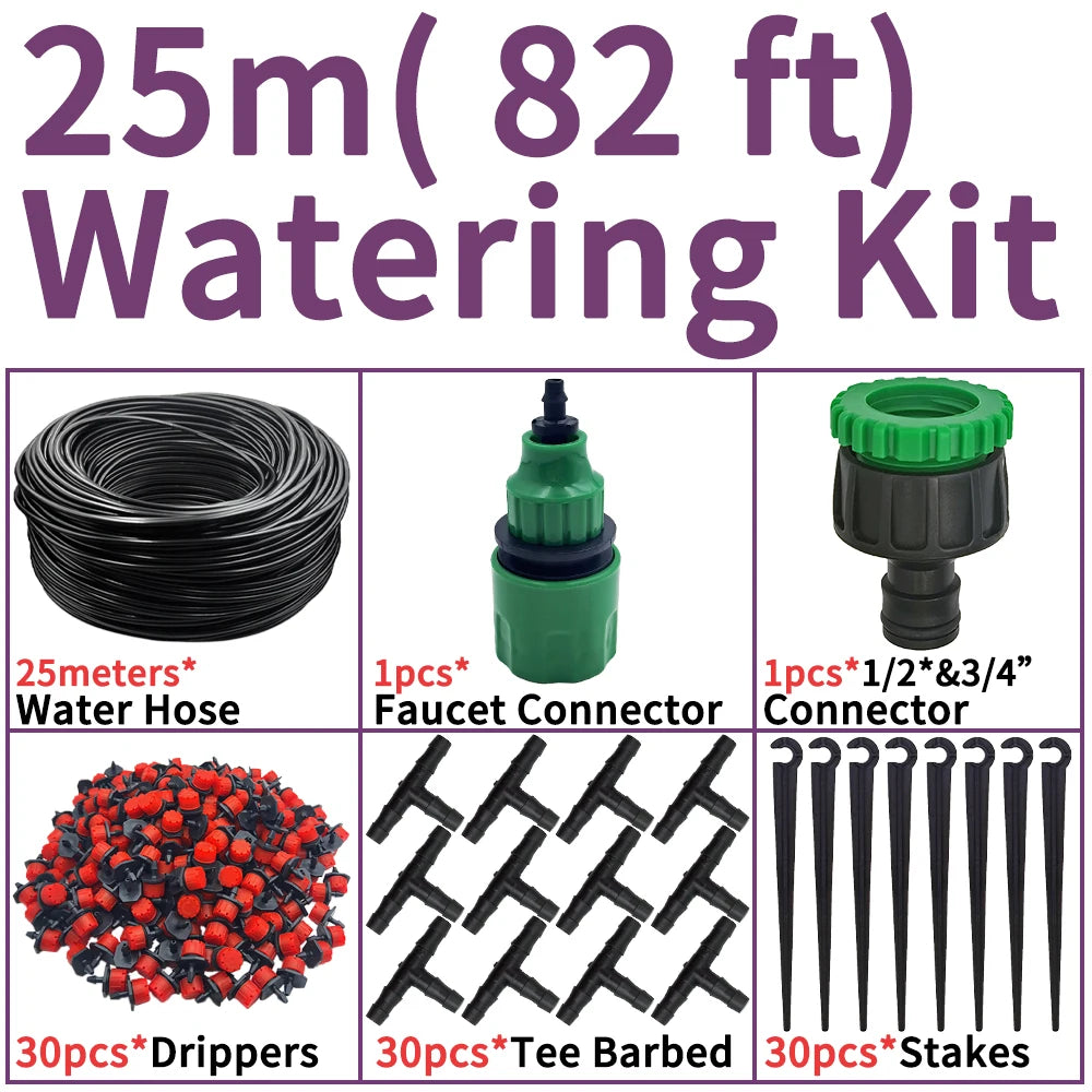 25m micro drip watering kit with water hose, faucet connector, and drippers & stakes