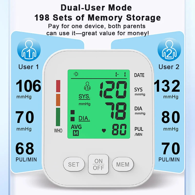 Upper Arm Blood Pressure Monitor Automatic Cuff Tonometer Digital Tensiometer Rechargeable Blood Pressure Meter Heart Rate Meter