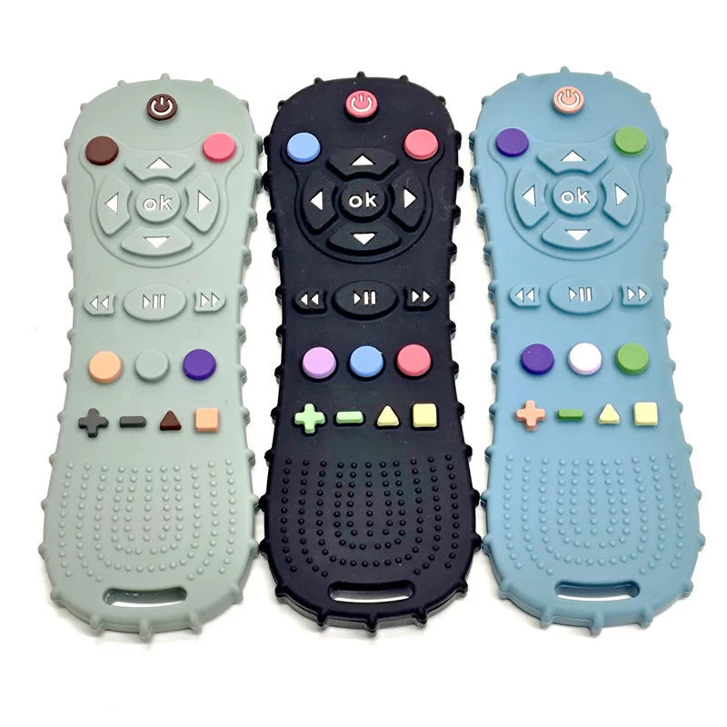 Silicone remote control baby teething toys in green, black, and blue for infant teething relief.
