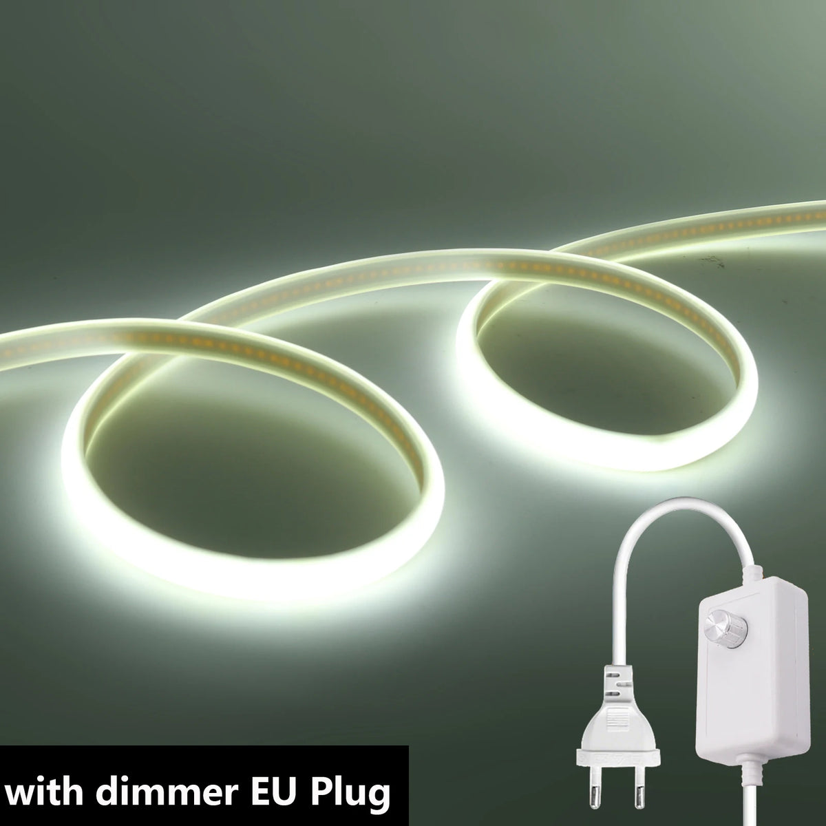 Dimmable LED neon strip with EU dimmer plug, cool white-green glowing flexible loops