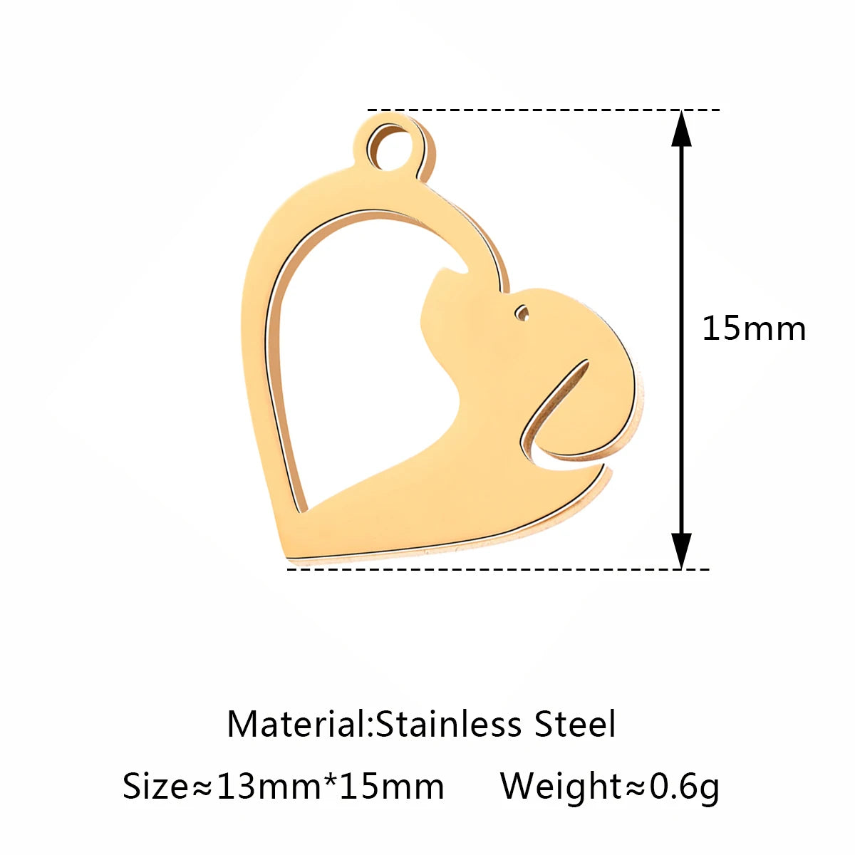 Gold stainless steel dog heart pendant charm for DIY jewelry making, 15mm pet-themed necklace or bracelet accessory.