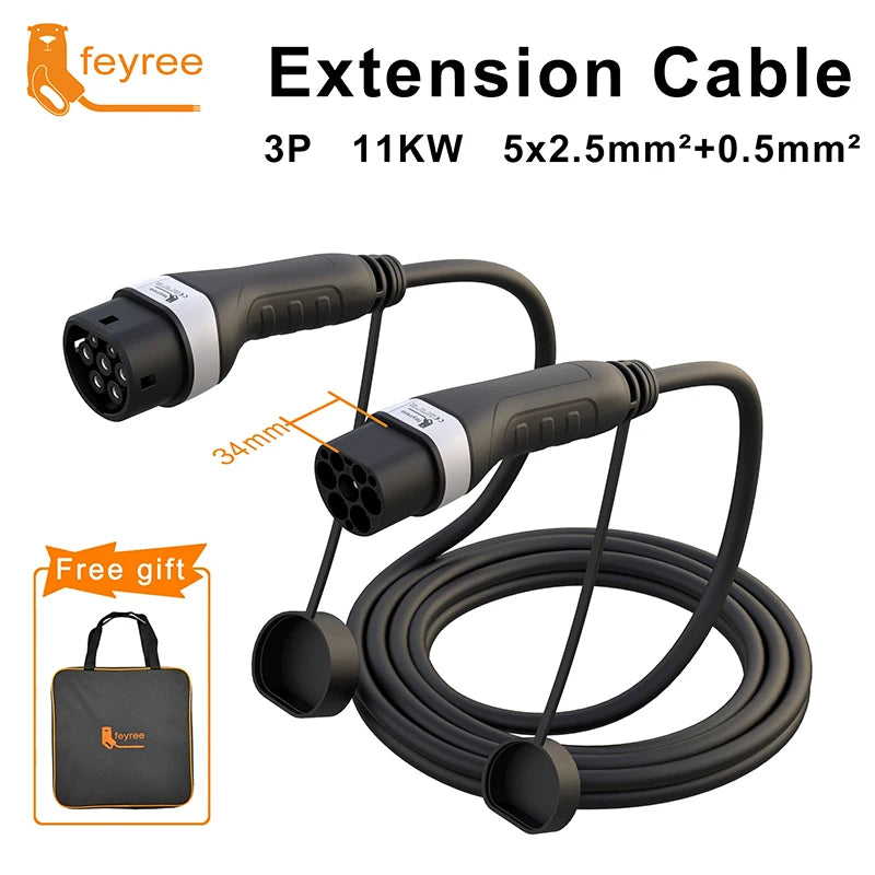 feyree EV Charger Extension Cable 5m Type2 Female to Male Plug 4kW/8kW/11kW/22kW for Electric Vehicle Cord EVSE Charging Station