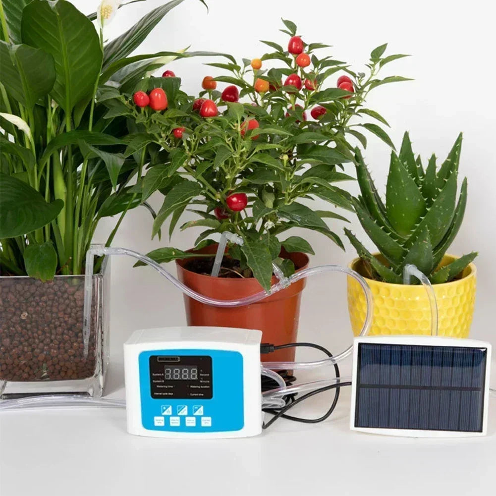 Solar Auto Drip Irrigation Kit Dual Water Pump Smart Watering Controller Outdoor Automatic Irrigation System for Yard Balcony Potted Plants & Home Flower Cultivation