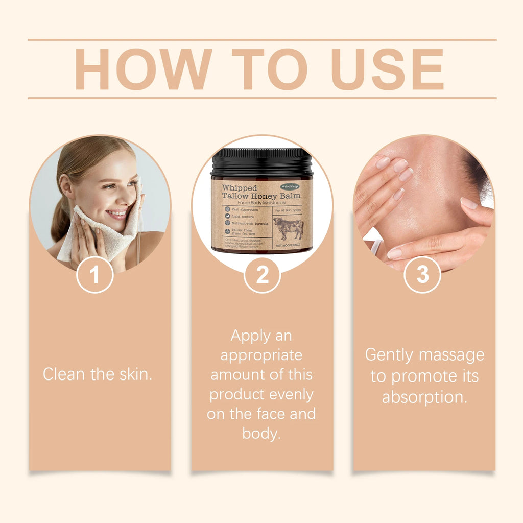 Whipped Beef Tallow Honey Balm Deeply Moisturizer Brightening Fast Absorption Grass Fed Grass Finished Face Cream Body Lotion