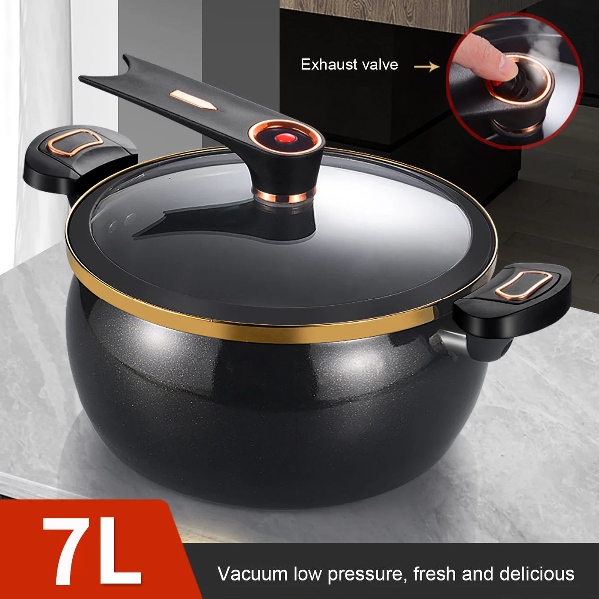 7L micro pressure cooker with black pot and glass lid, copper accents, dual side handles