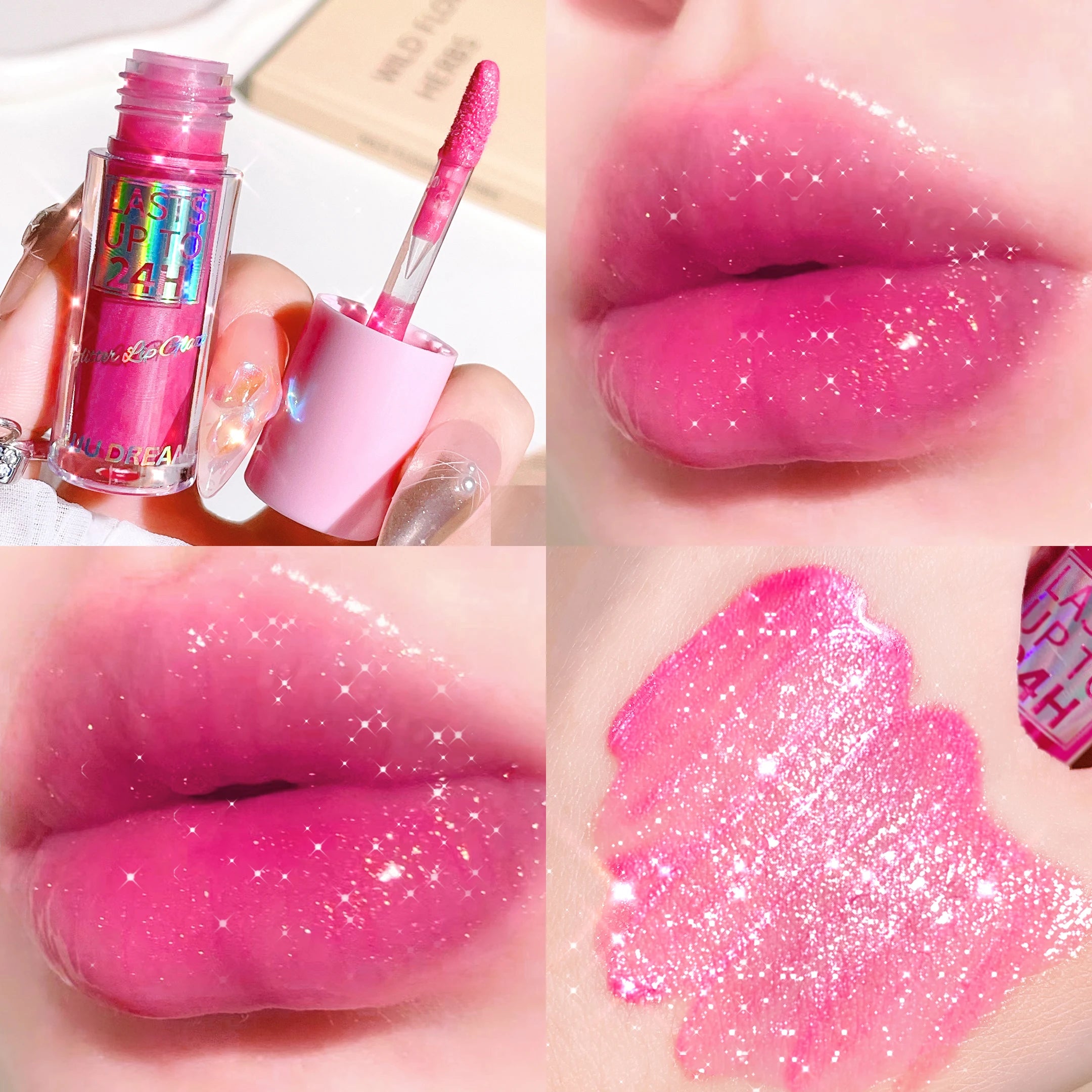 Long-lasting waterproof liquid lip glaze in glitter pink, featuring high-shine texture and sparkle finish.