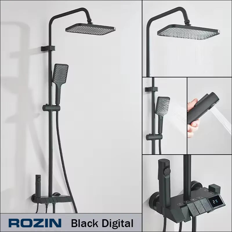 Rozin Black Digital Display Shower Faucet Set Piano Style Rainlfall Bathroom System Grey Digital Mixer Tap Bidet Shower