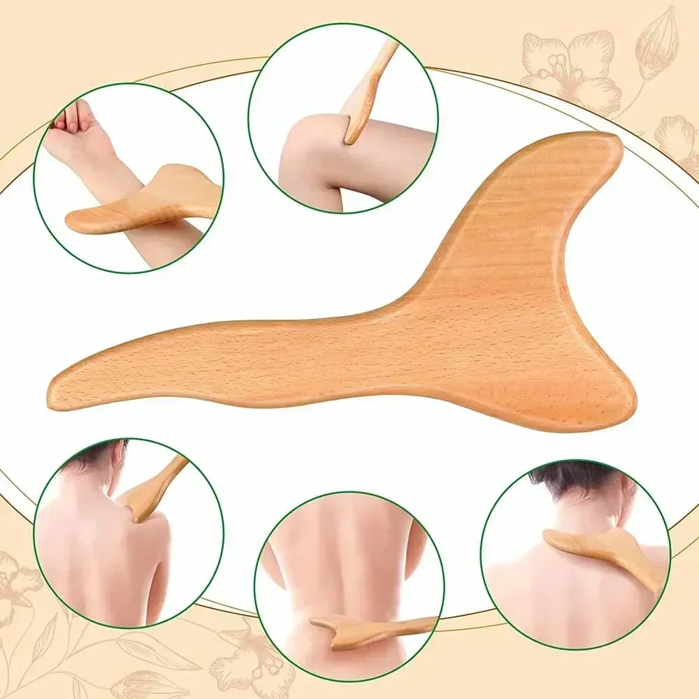 Smooth light-brown wooden gua sha massage tool with curved edges for scraping and relieving muscle tension.
