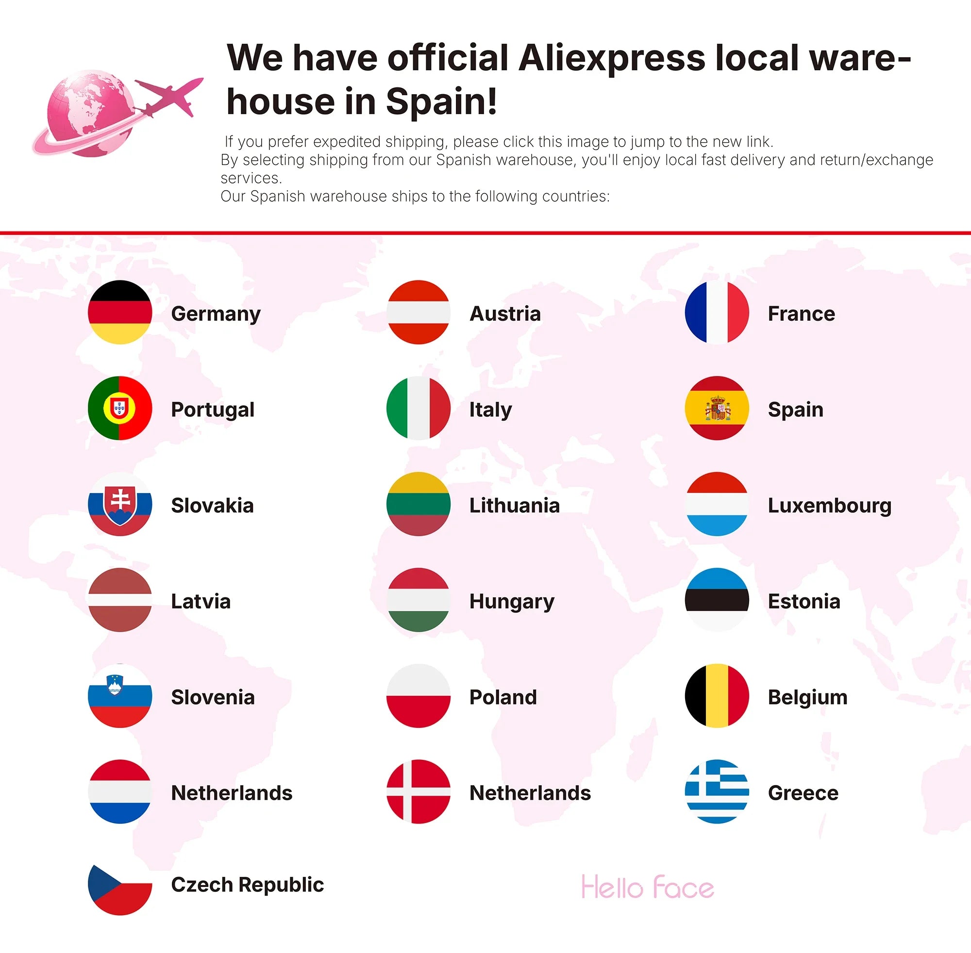 Info graphic showing a map and list of European countries served by an AliExpress warehouse in Spain.
