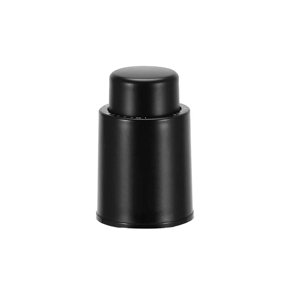 Single black vacuum wine bottle stopper, push-style reusable cap